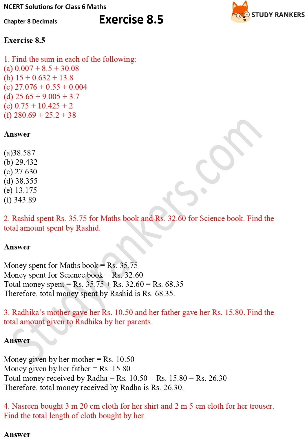 NCERT Solutions for Class 6 Maths Chapter 8 Decimals Exercise 8.5 Part 1