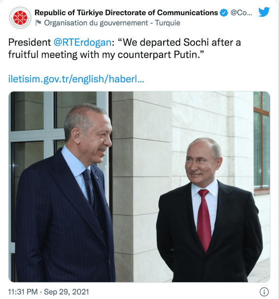 El tuit de Erdogan tras la reunión de Sochi con Putin. Captura de pantalla: Pepe Escobar