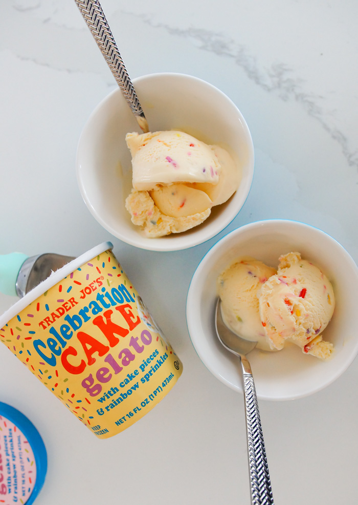 Trader Joe's Celebration Cake Gelato in bowls with spoons