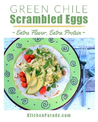 Green Chile Scrambled Eggs, another easy, healthy breakfast ♥ KitchenParade.com, just eggs jacked up with extra protein and green chiles.