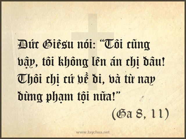 Ðức Giêsu nói: “Tôi cũng vậy, tôi không lên án chị đâu! Thôi chị cứ về đi, và từ nay đừng phạm tội nữa!” (Ga 8, 11)