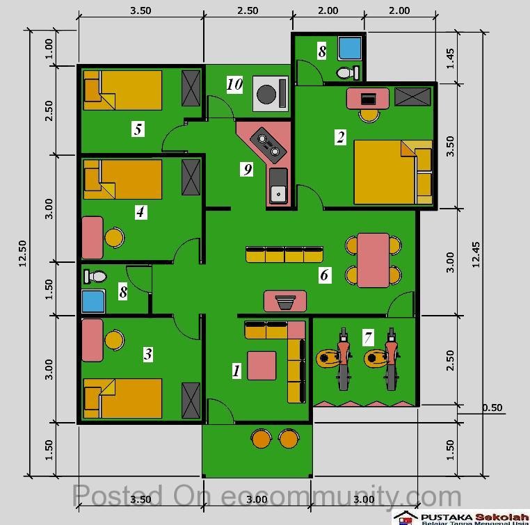  4  Denah  Rumah  Minimalis ukuran 6x8m 3 Kamar  