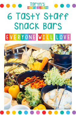 Looking for fun and creative ways to show your staff how much they mean to you? Use these creative and delicious staff snack bar options to treat your staff to yummy goodness throughout the school year. From apple snack bars in the fall to breakfast staff snack bars these are sure to be a huge hit with your staff. #tarynsuniquelearning #staffsnackbars #snackbarideas #teachertreats #teacherappreciation