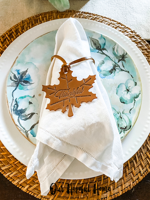 Thankful leather leaf luggage tag napkin ring