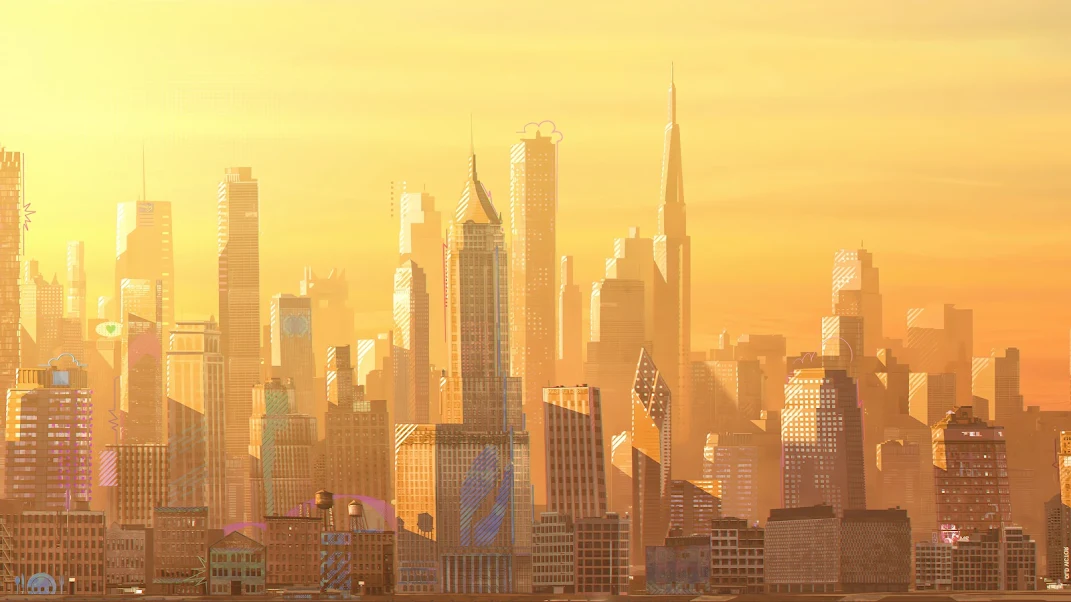 Spider-Man across spider-verse city background