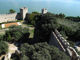 View of lake Trasimeno and Rocca de Leone from the "Masio" tower, Castiglione Del Lago, Umbria, Italy