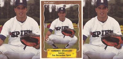 Fernando Arguelles 1990 San Bernardino Spirit card, Arguelles posing in a catcher's crouch