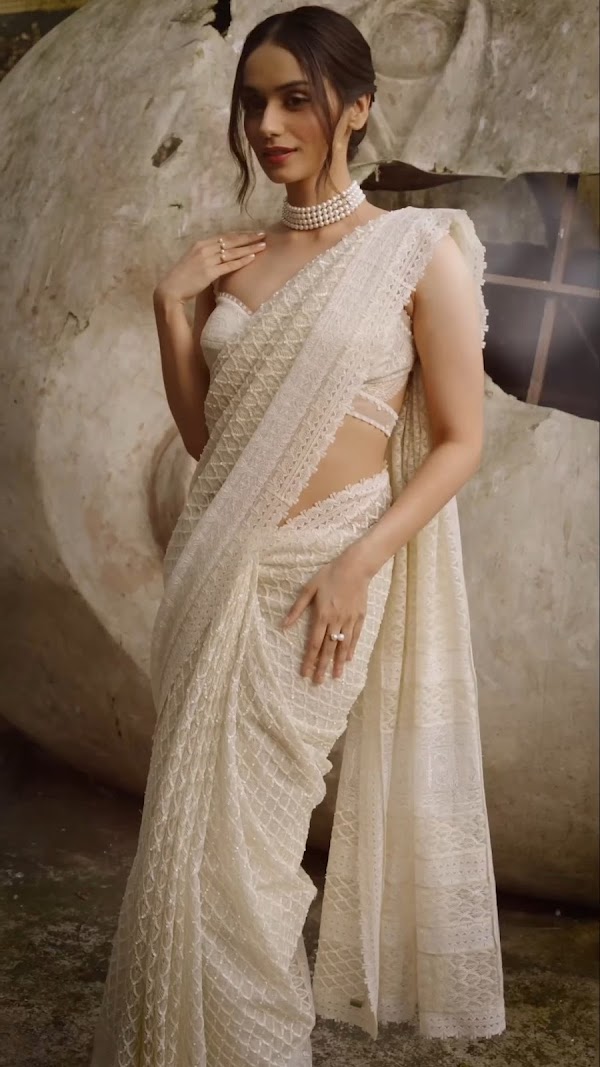 manushi chhillar white saree pearl necklace
