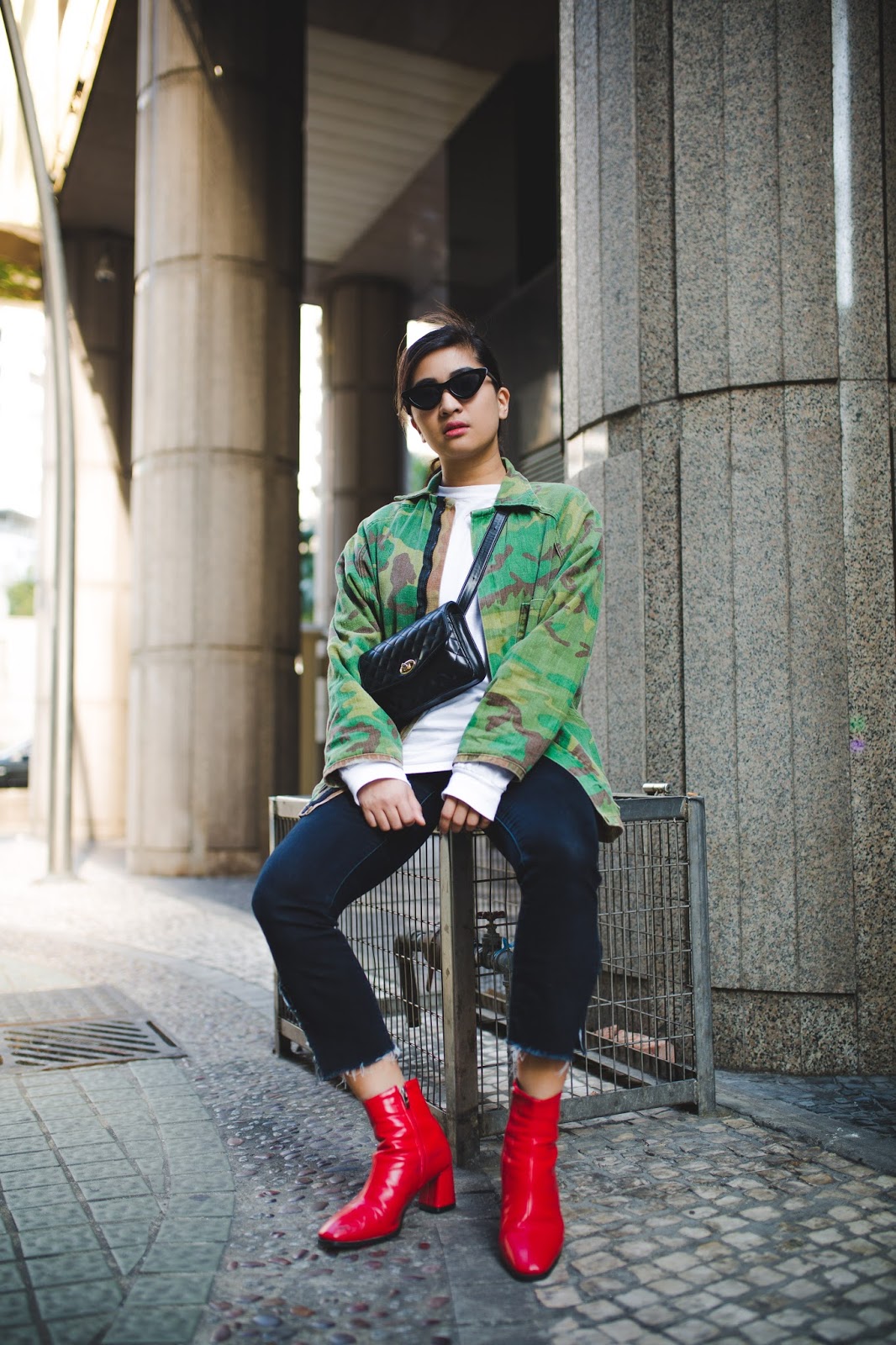 Camo Jacket and Red Boots