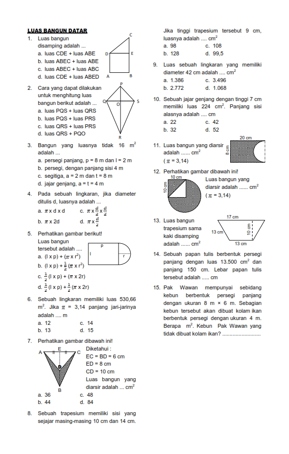 Soal UH Matematika Kelas 6 Semester 1  Luas Bangun Datar  Tempat Download Soal Ujian