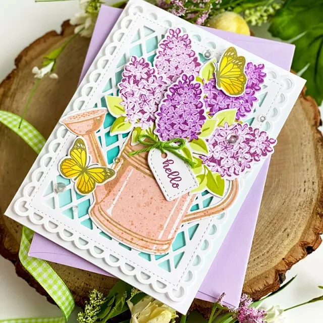Sunny Studio Stamps: Lovely Lilacs & Watering Can Card by Leanne West (featuring Frilly Frame Dies)