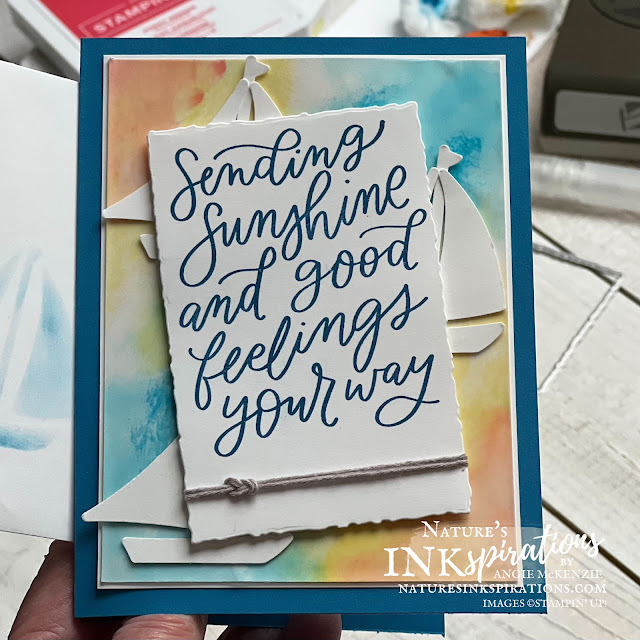 Good Feelings sentiment with an Alcohol Ink and Sailboat Builder Punch background  (holding) | Nature's INKspirations by Angie McKenzie