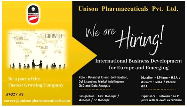 Unison Pharmaceuticals Pvt Ltd Hiring International Business Development