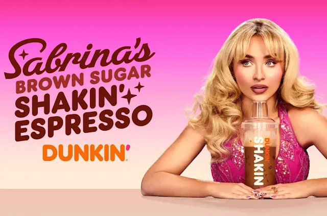 Sabrina Carpenter holding a Dunkin’ Shaken Espresso drink during the campaign photoshoot