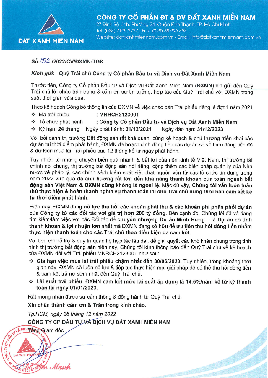 Đánh giá về việc trái phiếu Đất Xanh Miền Nam xin giãn thời gian thanh toán gốc và cách xử lý, công văn 052