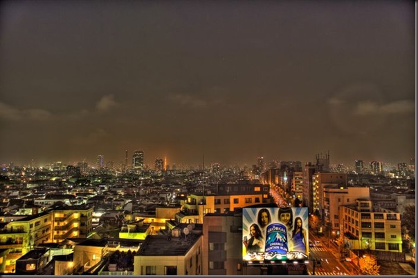 An HDR image of Meguro-ku, Tokyo, at night.  Tokyo Tower, the orange spear in the center, can be seen in the distance.

Composed of nine photos at different exposure settings.