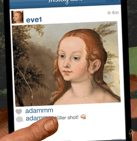 Lustiges über Social Media. Adam und Eva auf Tinder matchen sich.