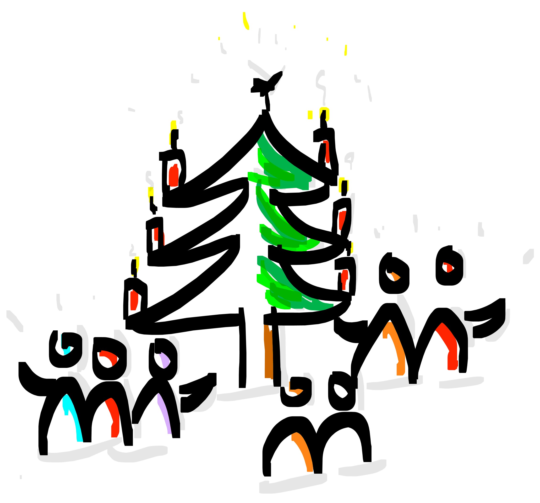 Zeichnung: Weihnachtsbaum mit Figuren drumherum