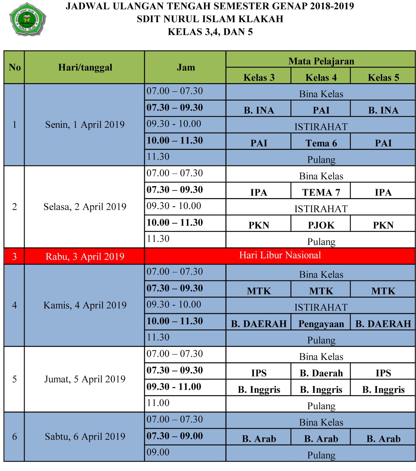 Berikut adalah jadwal UTS Semester genap 2018 2019 SDIT Nurul Islam Klakah