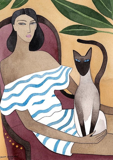 Kelly Beeman arte | dibujo en acuarela de mujer y gato siames