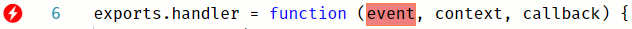 highlighted 'event' variable on function header, with red lightning icon in front