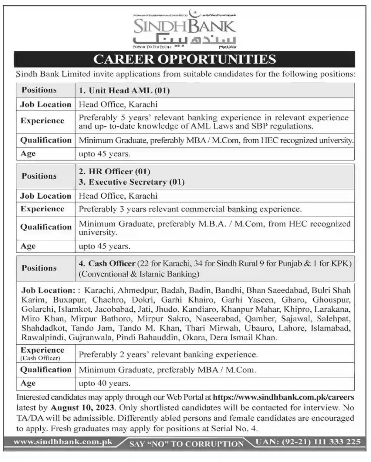 Sindh Bank Careers Jobs 2023 - PK10JOBS