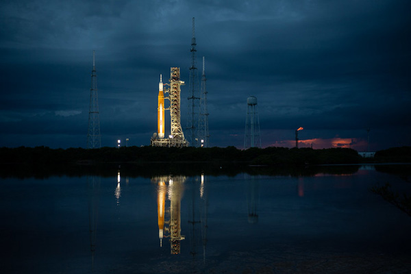 An evening snapshot of NASA's Space Launch System rocket as it stands tall at Kennedy Space Center's Pad 39B in Florida...on August 31, 2022.