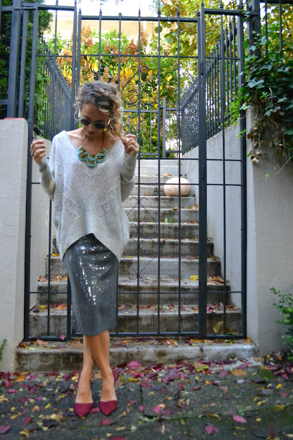 cashmere poncho and pencil skirt