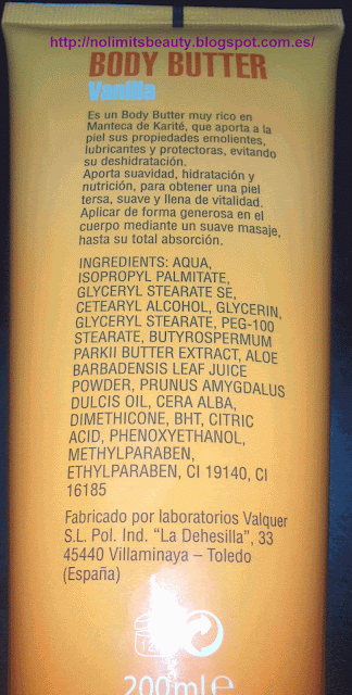 Ingredientes Body Butter de Vainilla de Laboratorios Valquer - Cosmopolitan Junio 2013