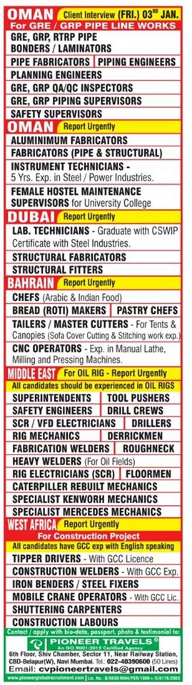 West Africa, Oman, Dubai & Bahrain Job Opportunities