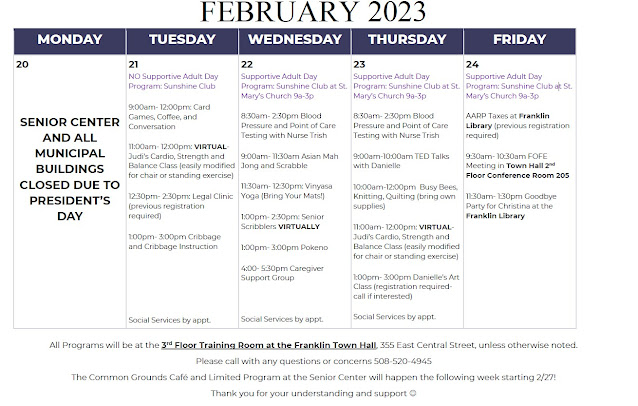 Franklin Senior Center: check schedule for activities thru Feb 24