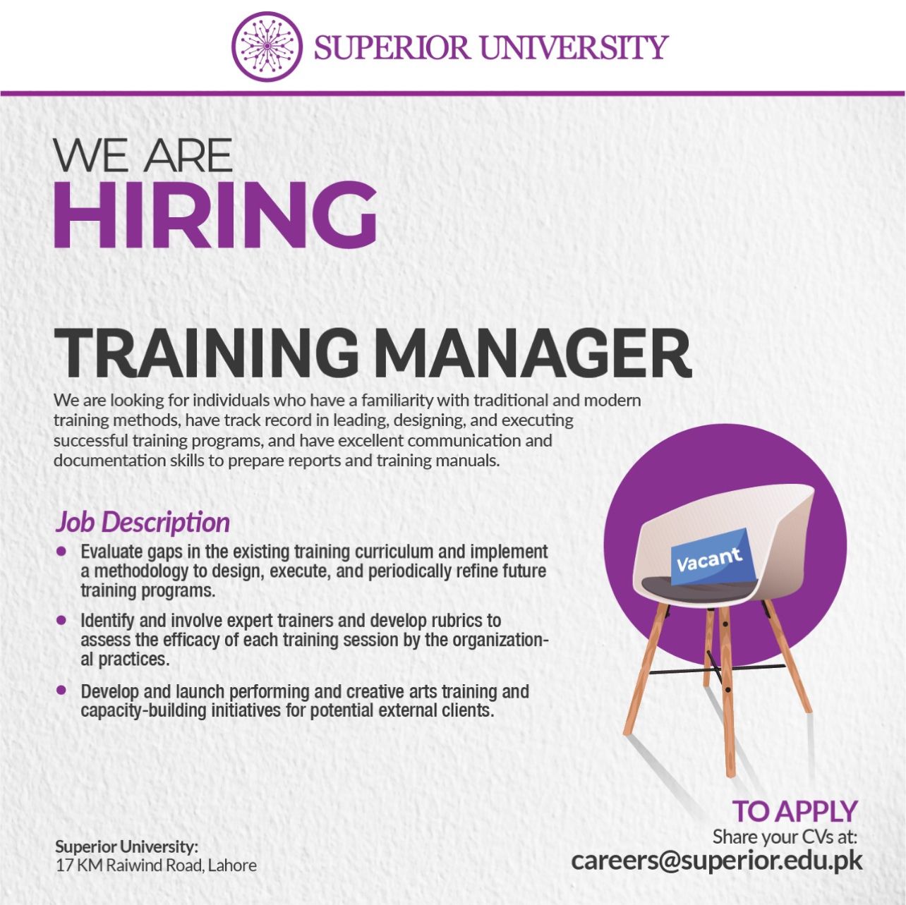 Superior University Jobs For Training Manager