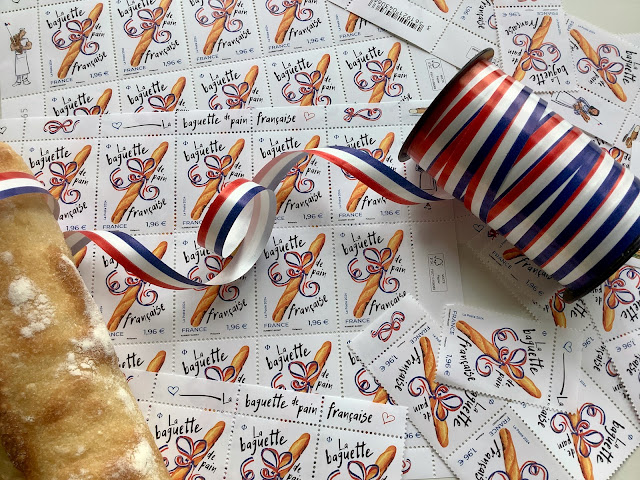 French baguette stamps with bread and ribbon