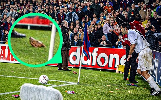Butchered pig's head was thrown onto the pitch towards Luís Figo when he was taking a corner