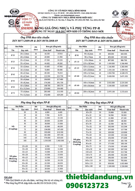 Bảng giá ống nhựa Bình Minh chịu nhiệt PPR 2019 chiết khấu cao tại TPHCM