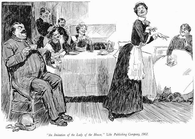 a a Charles Dana Gibson illustration of servants privately mocking the upper class