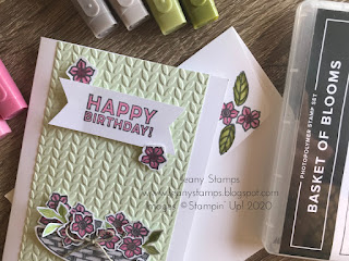 birthday card coloured with stampin' blends, stamped basket of flowers, embossed background