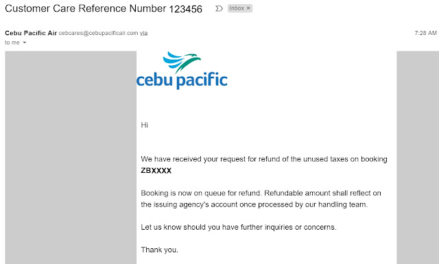email confirmation of refund request for terminal fee from Cebu Pacific