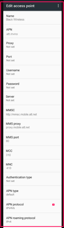 Black Wireless internet APN Settings