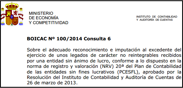 Imputación legados entidades sin ánimo de lucro BOICAC 100 Consulta 6