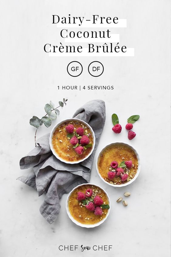 Traditionally made with cream, we\'ve swapped out heavy dairy for silky coconut milk, adding to the richness of the dish yet keeping it simple. And while it seems like a dessert that is easier to order off a menu than make yourself, our Coconut Crème Brûlée uses minimal ingredients and simple steps, that\'ll still have you melting with every bite. - chefsouschef.com #dessert #dairy-free #dairyfree #coconut #valentines #romantic #datenight