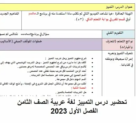 تحضير درس التمييز مادة اللغة العربية الصف الثامن الفصل الأول 2023 وورد