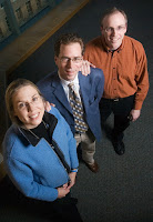 Nancy Sottos, professor of materials science; Scott White, professor of aerospace engineering, center; and Jeffrey Moore, professor of chemistry, have collaborated again. The inventors of self-healing plastic have come up with another invention: a new way of doing chemistry. Photo by L. Brian Stauffer.