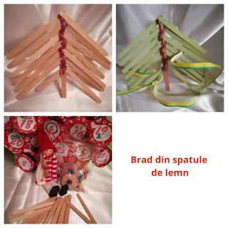 papusa langa spatule lemn, coji de creion si brad de Advent din tuburi hartie, brd din spatule