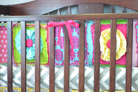 Ruffle Flower Crib Quilt and Bumpers Set in Hot Pink, Turquoise, Lime Green and Orange