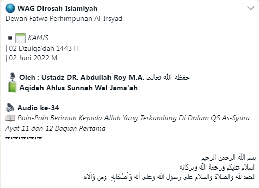 Audio ke-34 Poin-Poin Beriman Kepada Allah Yang Terkandung Di Dalam QS As-Syura Ayat 11 dan 12 Bagian Pertama - Aqidah Ahlus Sunnah Wal Jama'ah