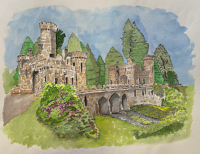 ink and watercolour painting of an Irish castle