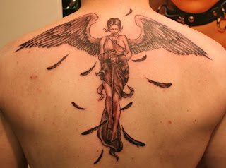 female angel tattoo on his back