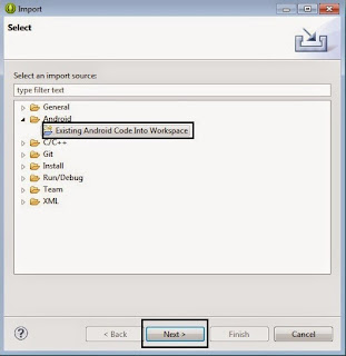 Android->Existing Android Code into Workspace