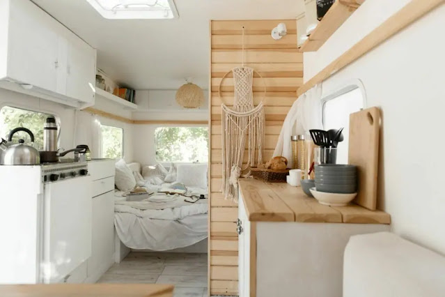 Inside a trendy, renovated travel trailer
